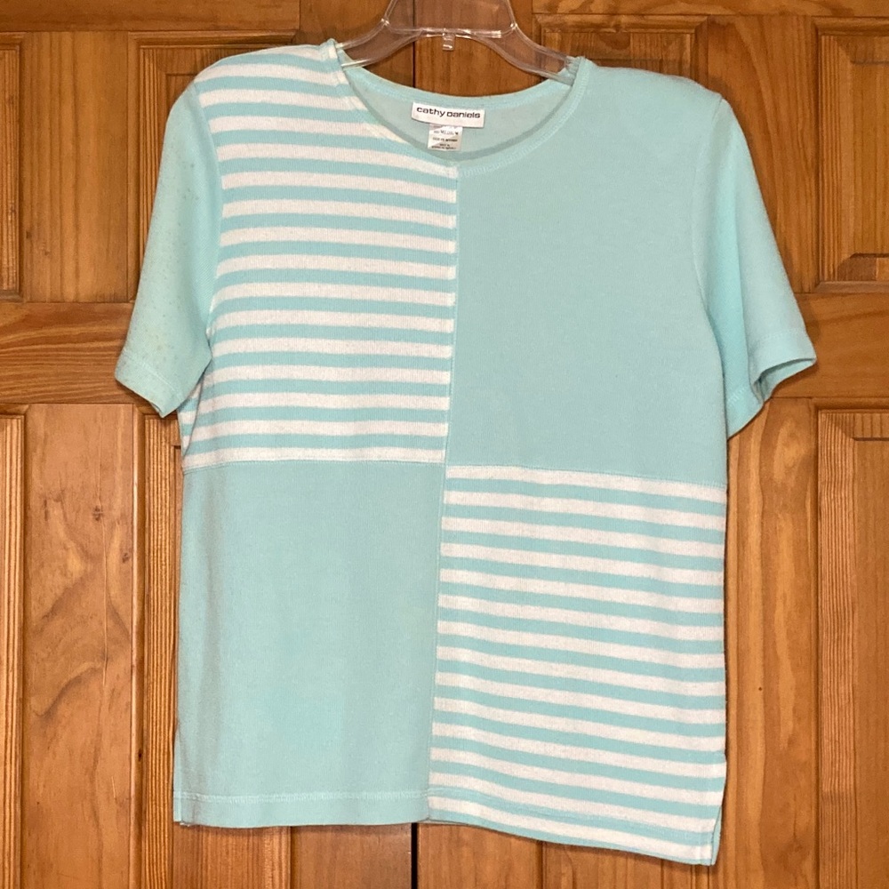 EUC Cathy Daniels Vintage 80s 90s Top Short Sleeve Blouse Green White Size M